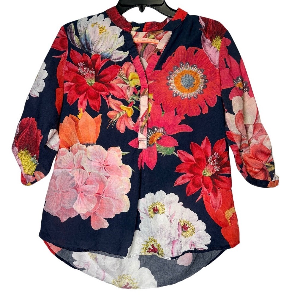 Vilagallo Floral Blouse Women 42 Navy Red Roll Tab Sleeve Cotton Top MC 26284